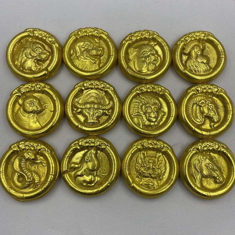 12PCS Ancient Coins Pure Handmade Double Sided Kangxi Imperial Zodiac Gold Cake