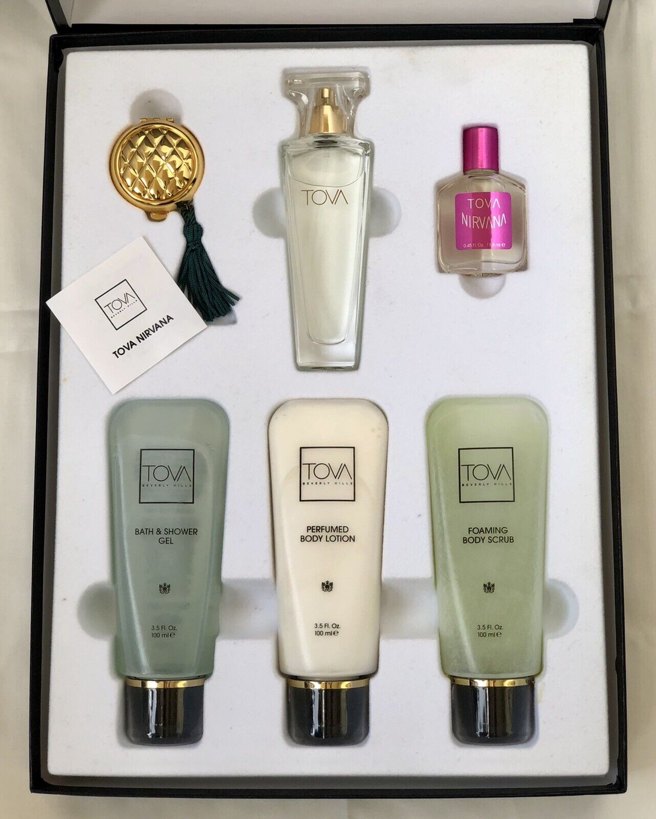 VNT Tova 6 Piece Set Original Scent Nirvana Gold Compact Parfum Scrub Gel Lotion