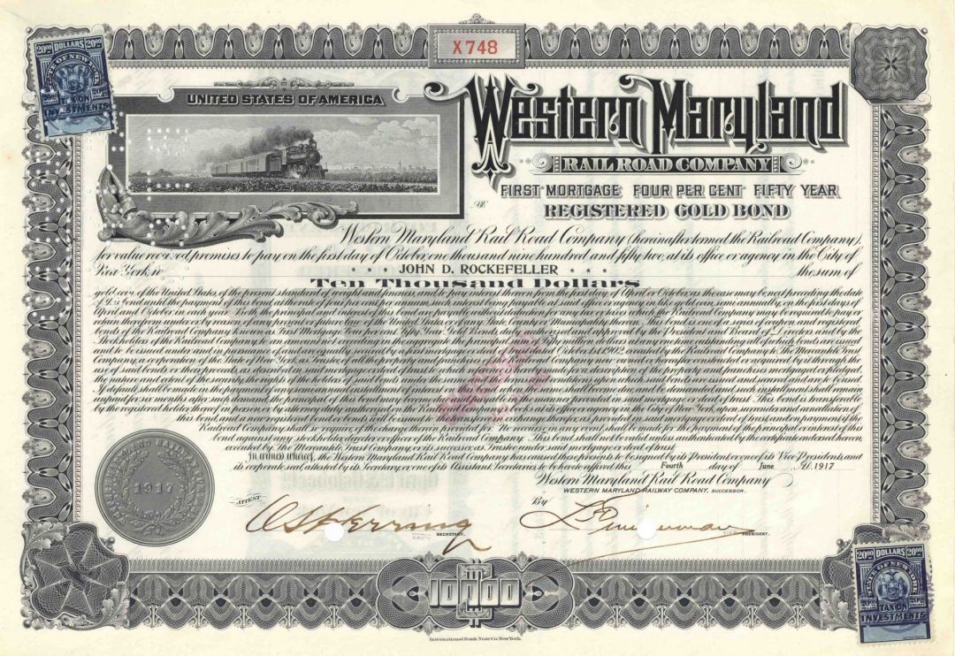 John D. Rockefeller issued Western Maryland Railroad - $10,000 Railway Gold Bond