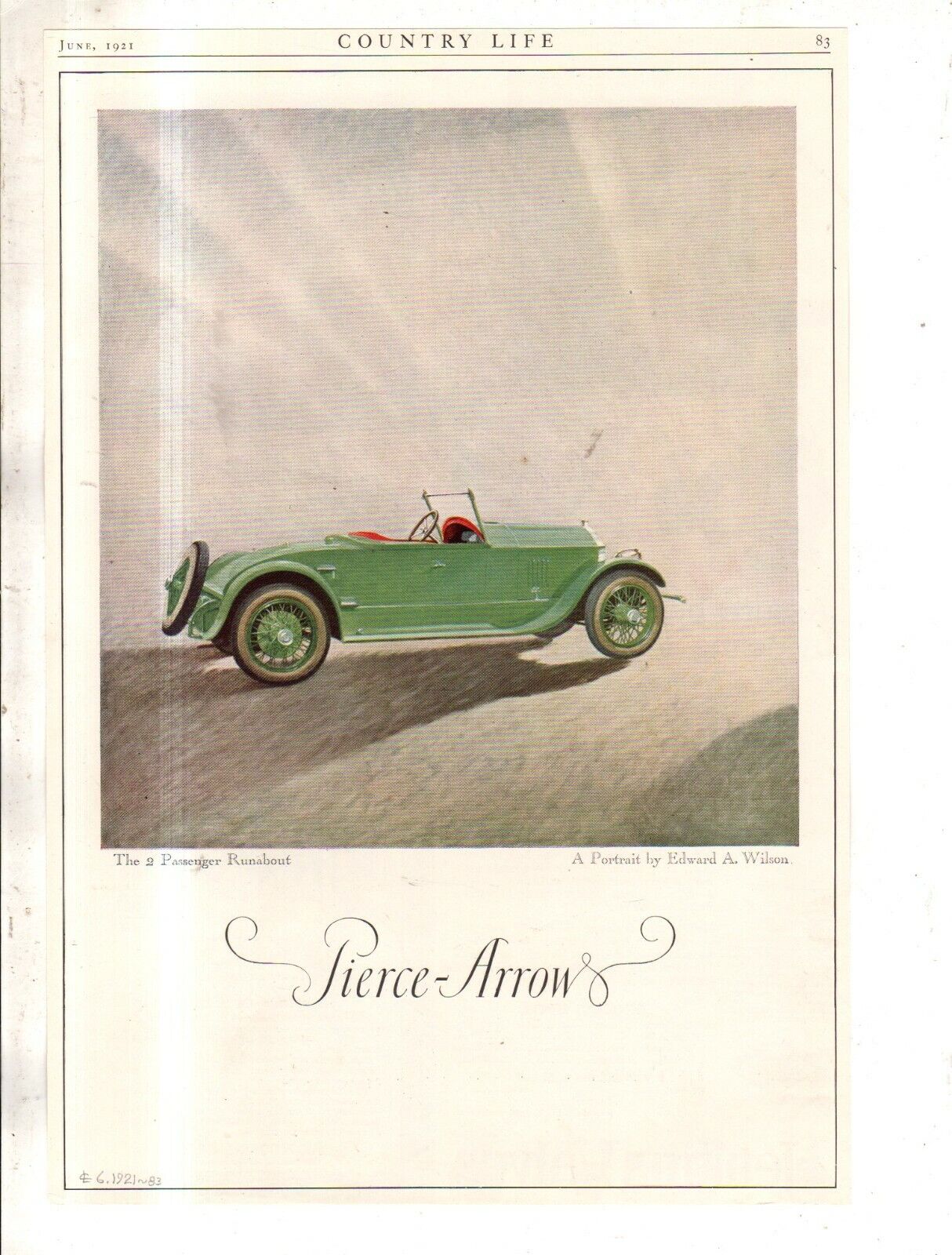 1921 Pierce Arrow 2 Passenger Runabout Original ad from Country Life -