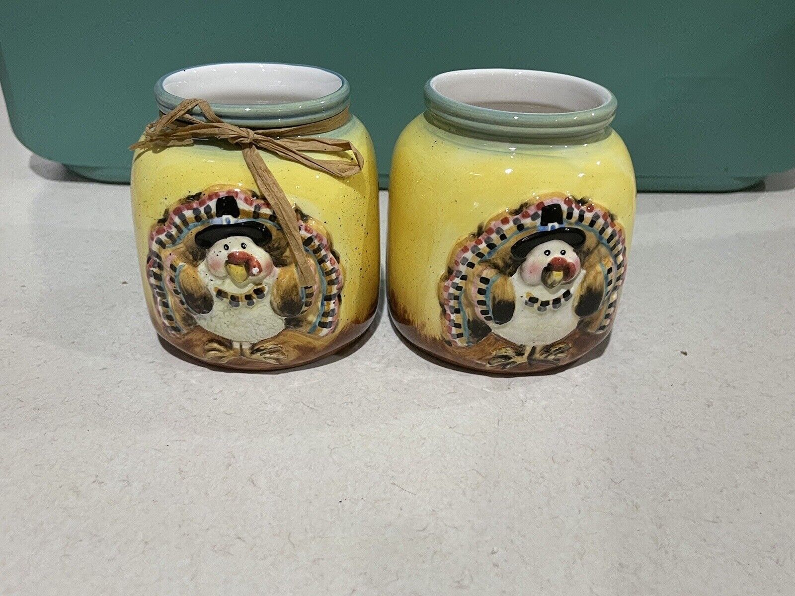 vintage wcl Hand Painted Fall Turkey Planter Pot Set of 2