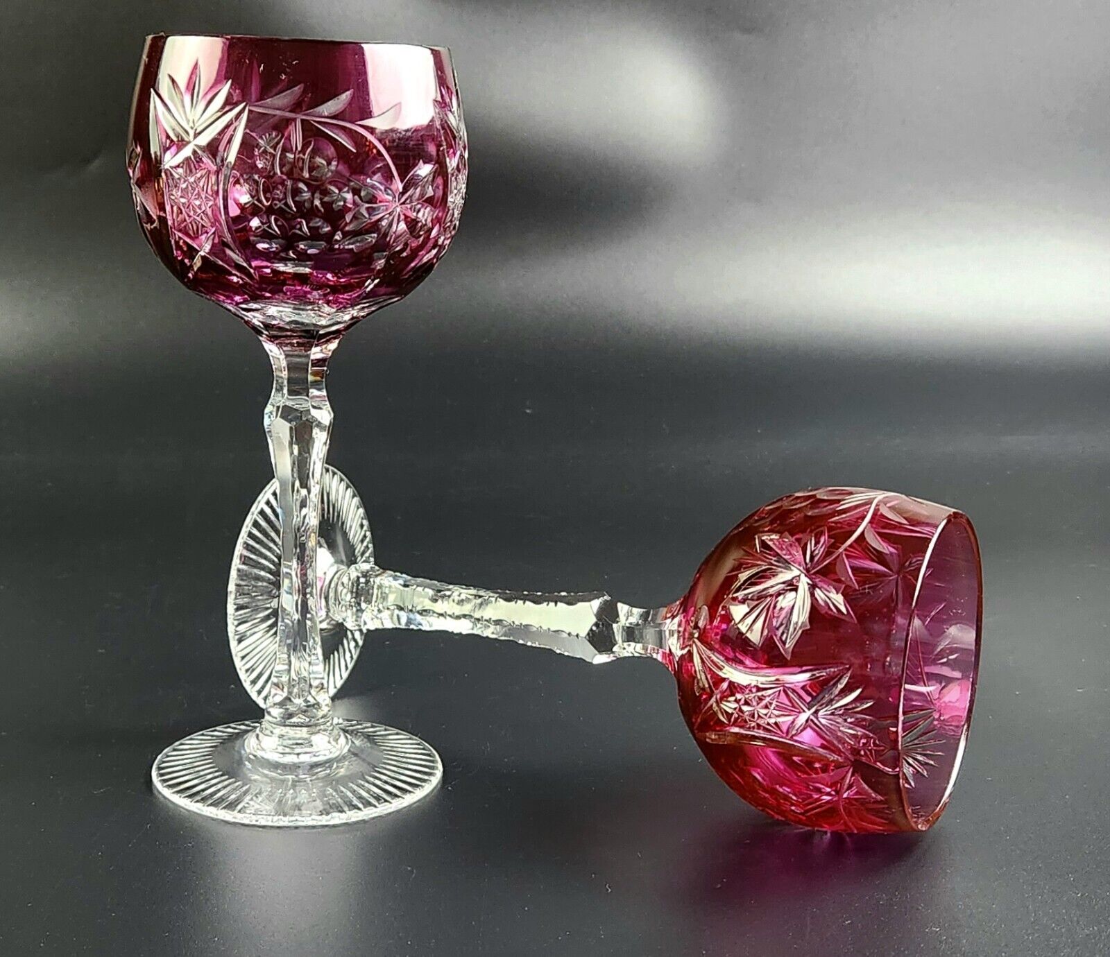 Vintage- Beyer Bleikristall -BEZ1 - Shades of Pink Cut-Crystal Wine Glass -Pair 