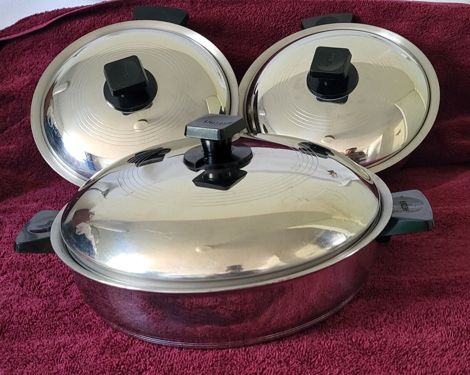 Vtg Rena Ware 3 Ply 18-8 Stainless Steel Pot Pan W/lids Set Of 3 USA Made