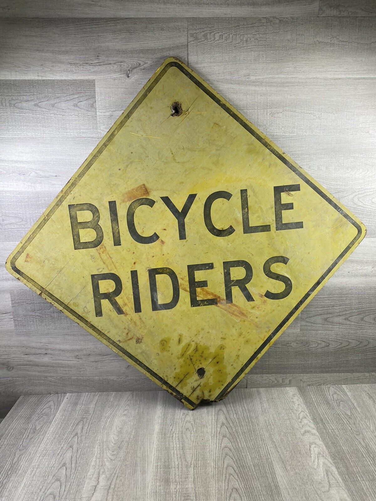 Vintage Yellow Bicycle Rider Sign Highway Wooden Town Street Road Sign 30” X 30”
