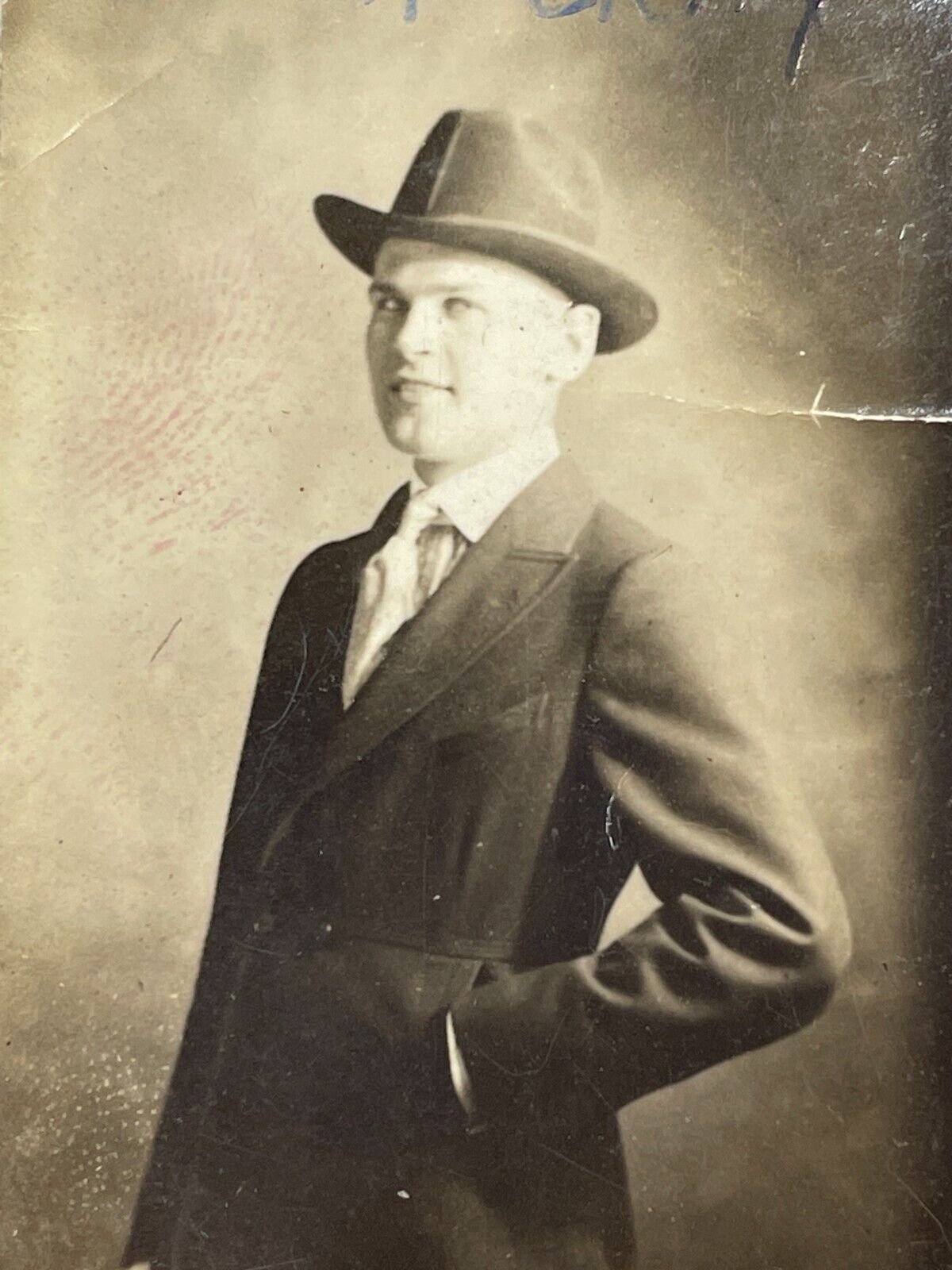 ID Photograph Handsome Man Studio Portrait Big Smile Happy Dapper Suit 1920s Hat