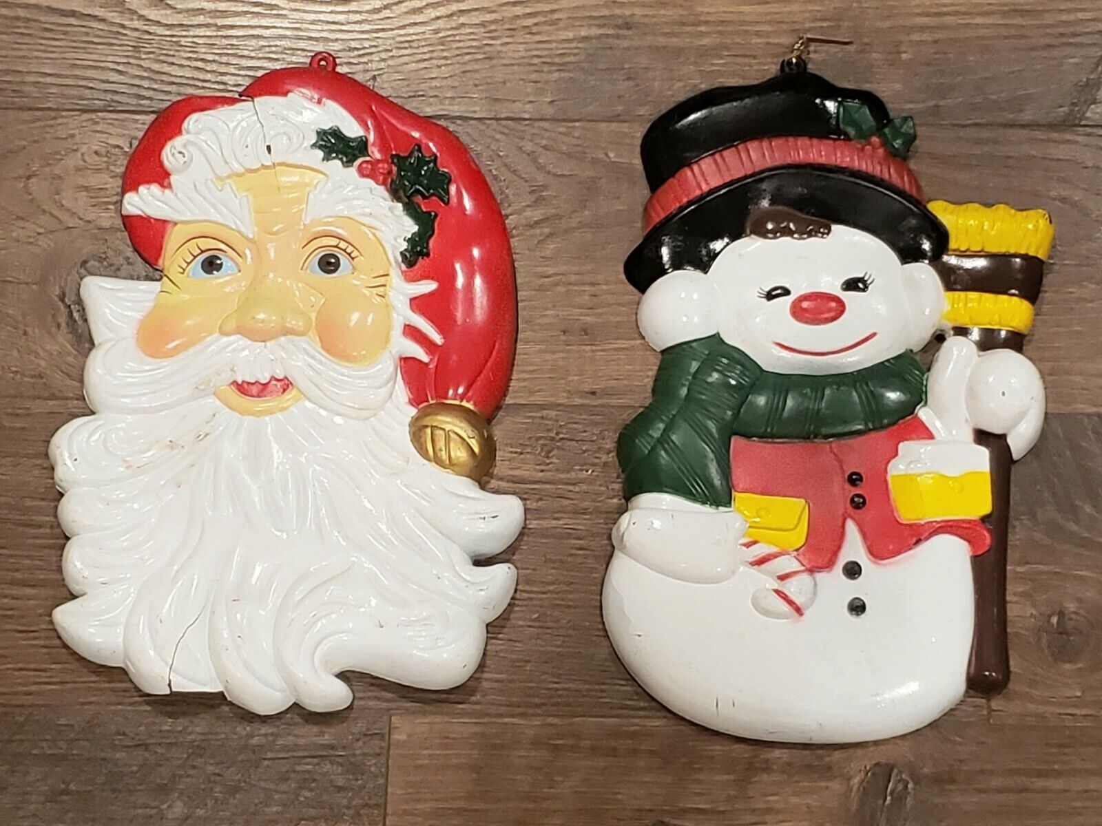Pair of Vintage Plastic 3D Santa & Snowman Retro