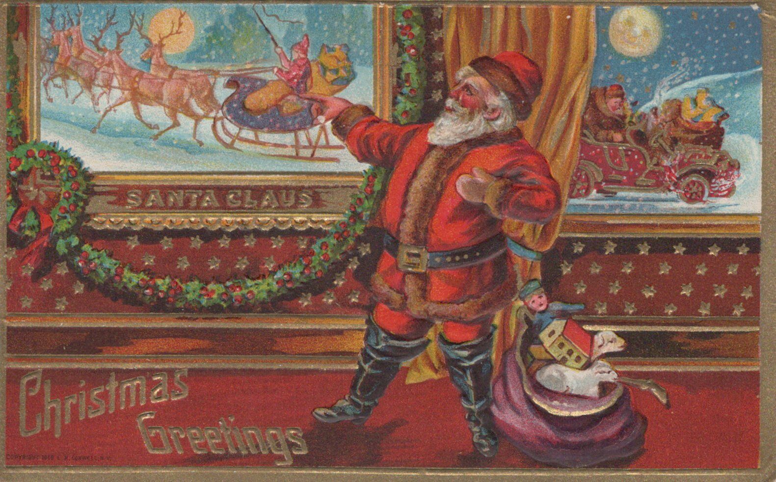 Postcard Christmas Greetings Santa Pointing  to Painting of Santa 