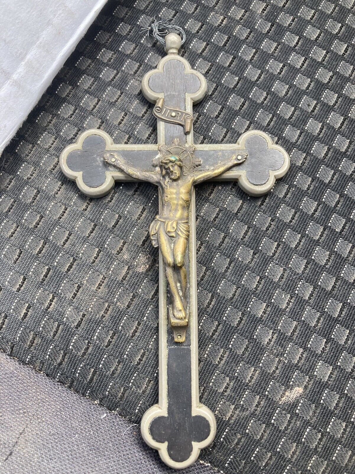 Vtg antique Ebony wood Jesus Bronze Corpus cross pendant 6 \