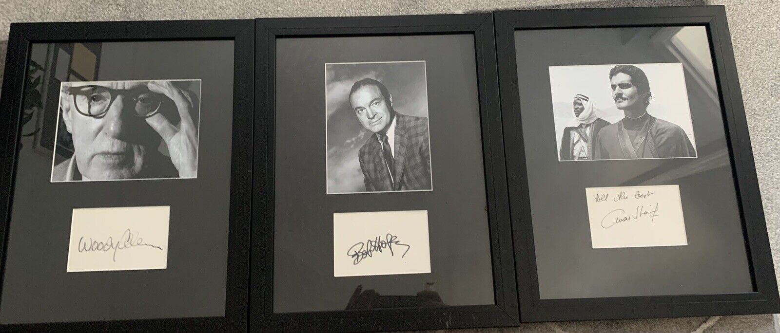 BOB HOPE & WOODY ALLEN & OMAR SHARIF hand signed Displays with Copy Letter