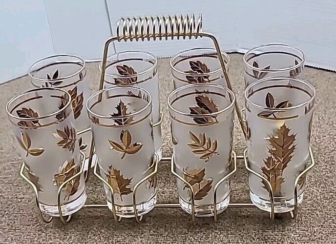 Vintage Libbey Golden Foliage 8 Glass 12 Ounce Tumbler Set with Metal Caddy