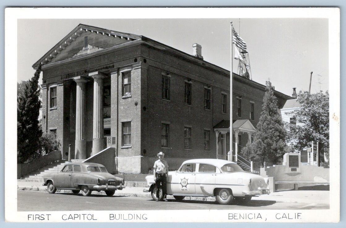 1950\'s RPPC BENICIA CALIFORNIA 1st CAPITOL BUILDING POLICE OFFICER POLICEMAN CAR