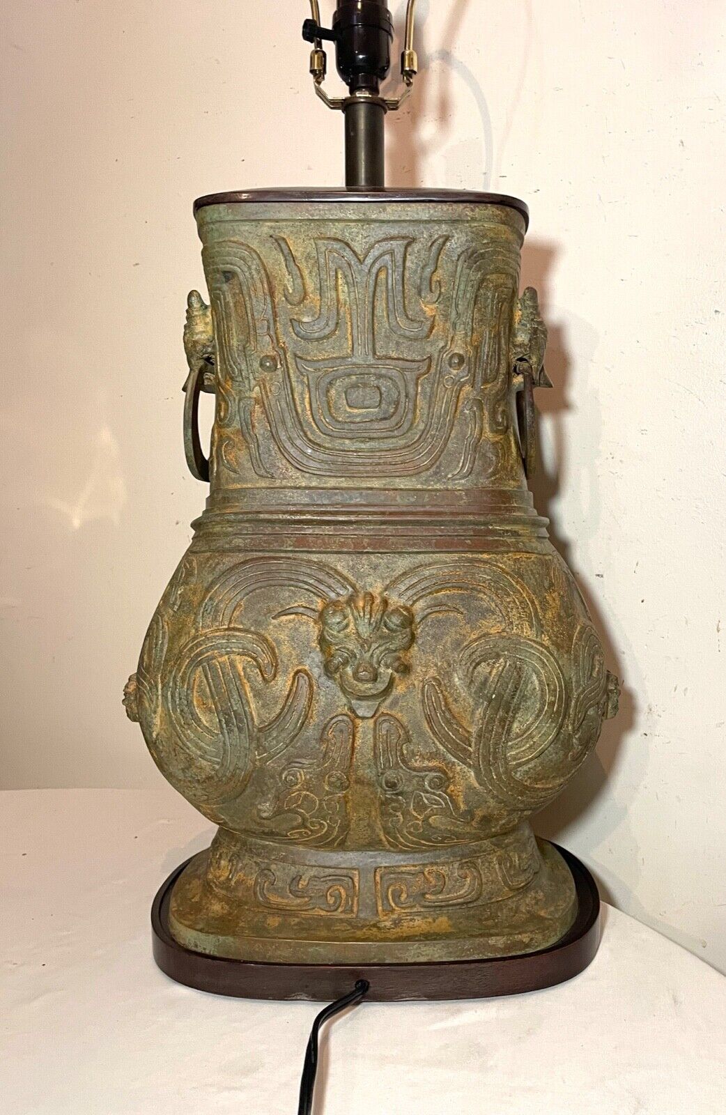HUGE Lawrence & Scott Cast Bronze wood Chinese Hu Vessel archaic Urn Table Lamp