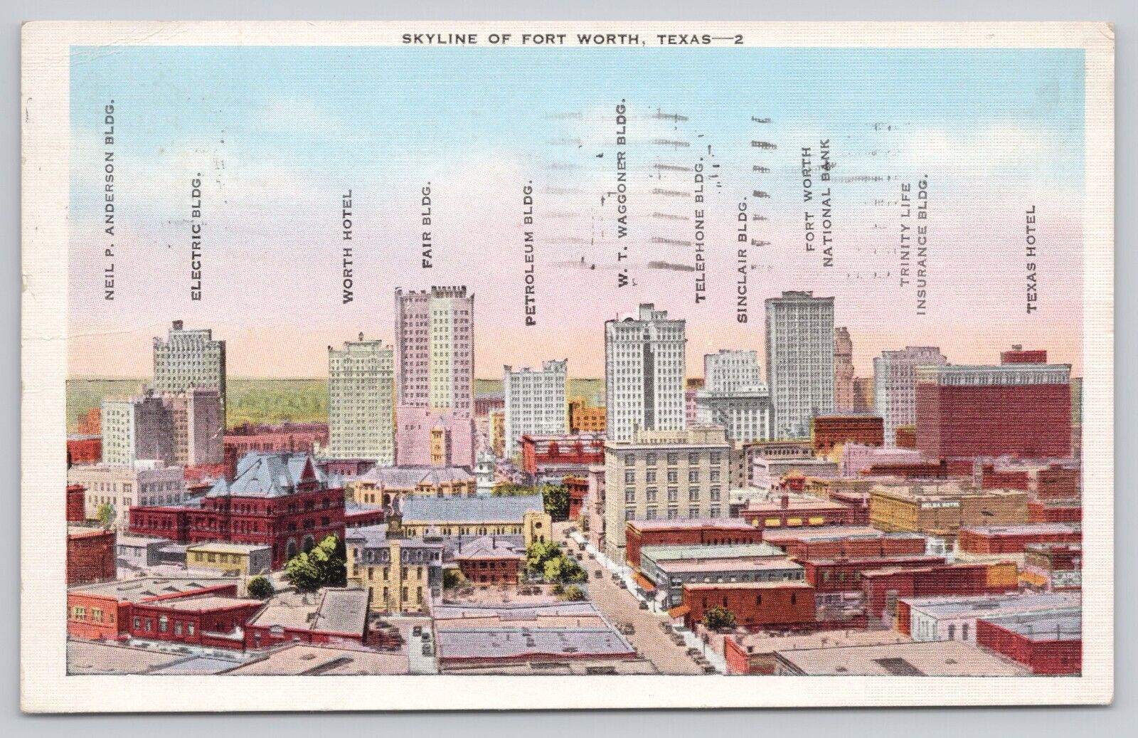 Skyline Of Fort Worth Birds Eye View Texas TX Vintage Linen Postcard
