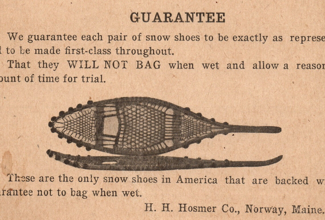 Norway Maine H.H. Hosmer Snow Shoe Guarantee Advertising Tag
