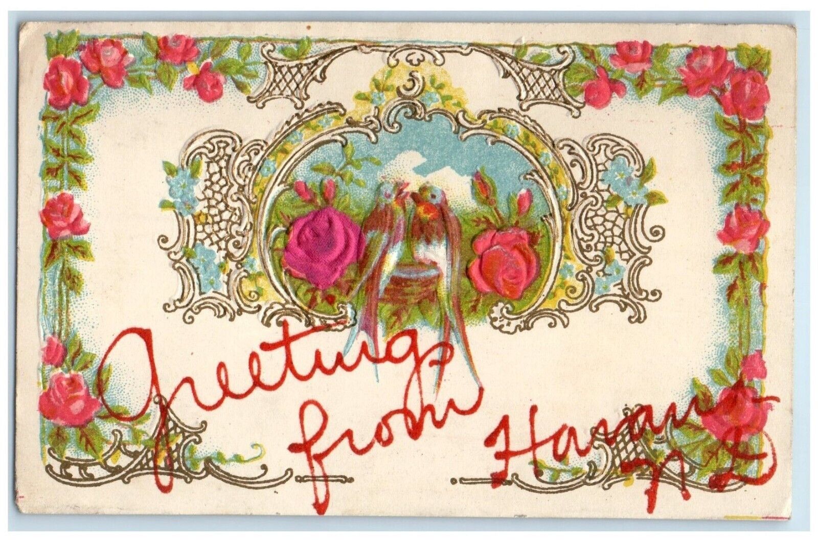 1908 Greetings From Havana North Dakota ND, Flowers Birds Embossed Postcard