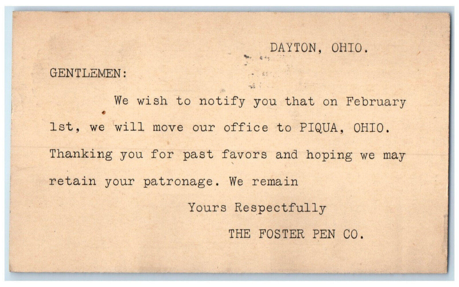 1902 Foster Pen Co. Dayton Ohio OH Logansport Indiana IN Postal Card