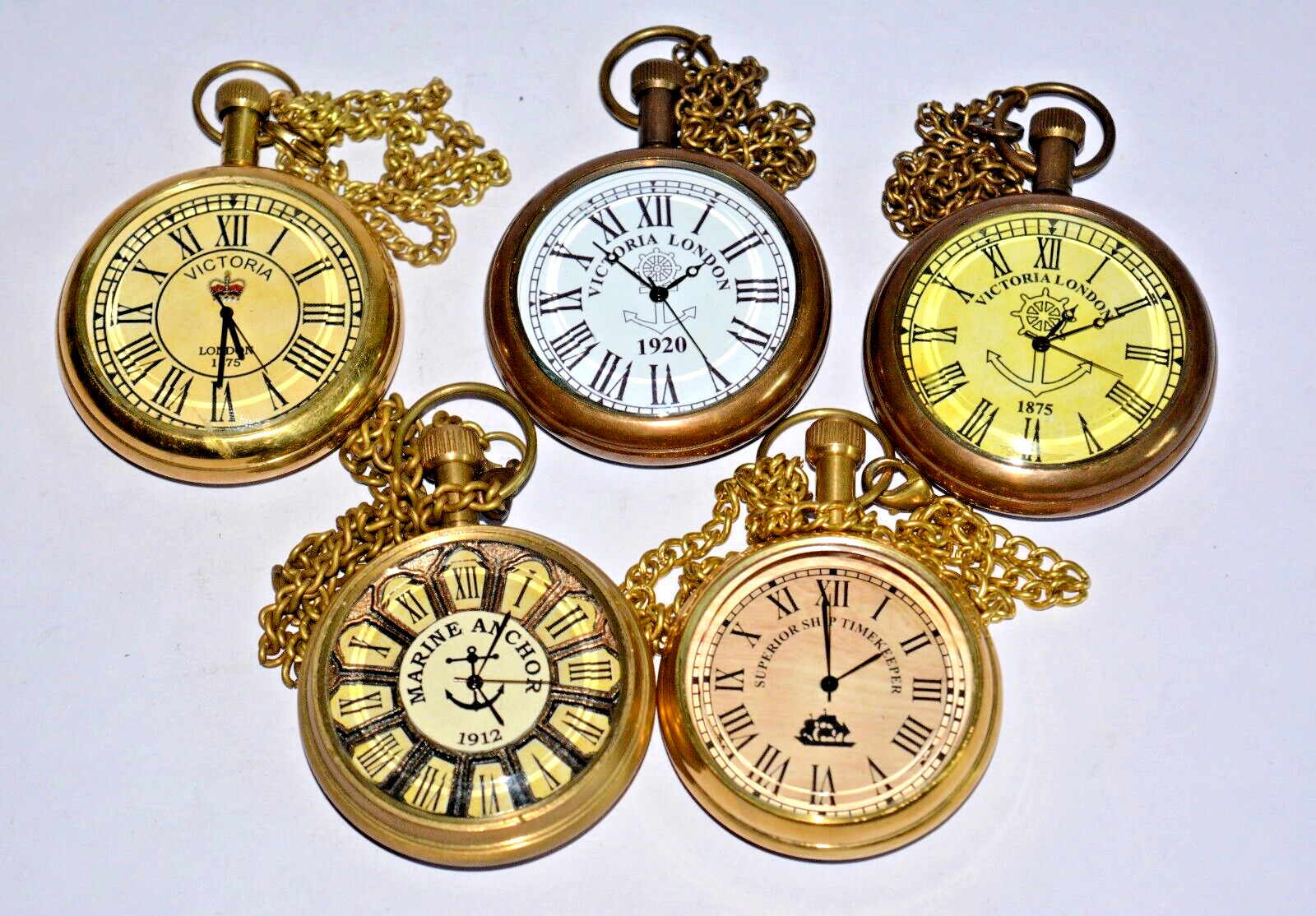 Antique Vintage Maritime Brass Pocket Watch with Brass Chain Set of Five Gift
