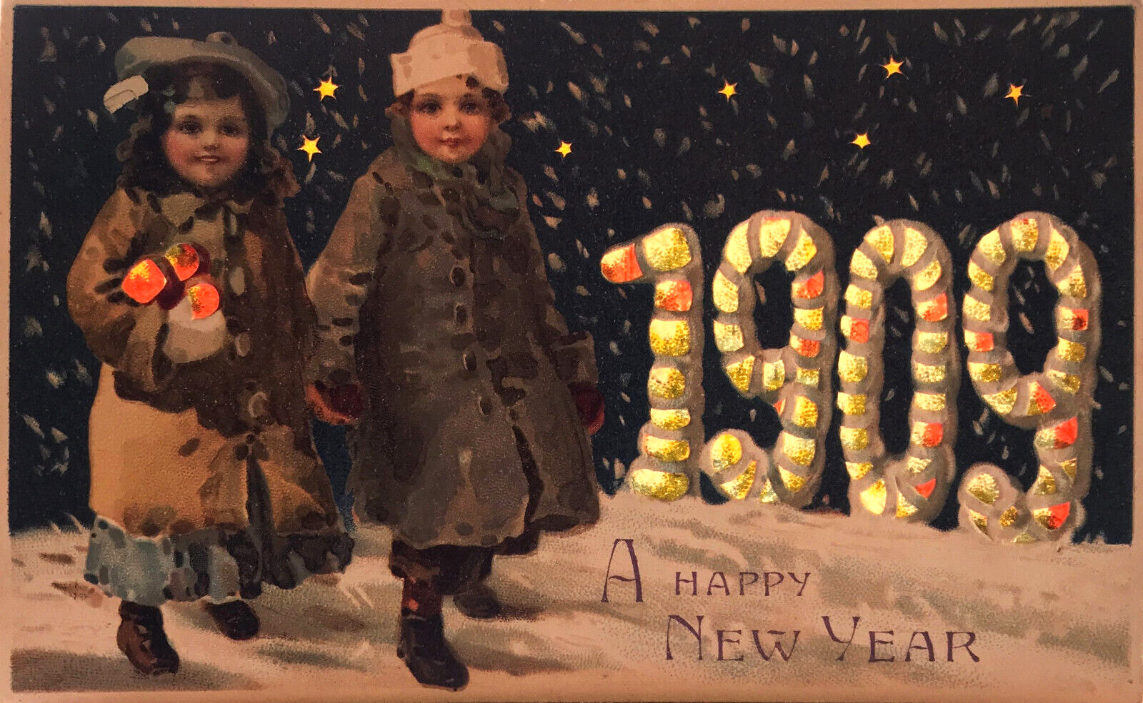 Vtg HOLD-TO-LIGHT 1909 New Year Girls Snow Numbers Stars Light Up HTL Antique PC