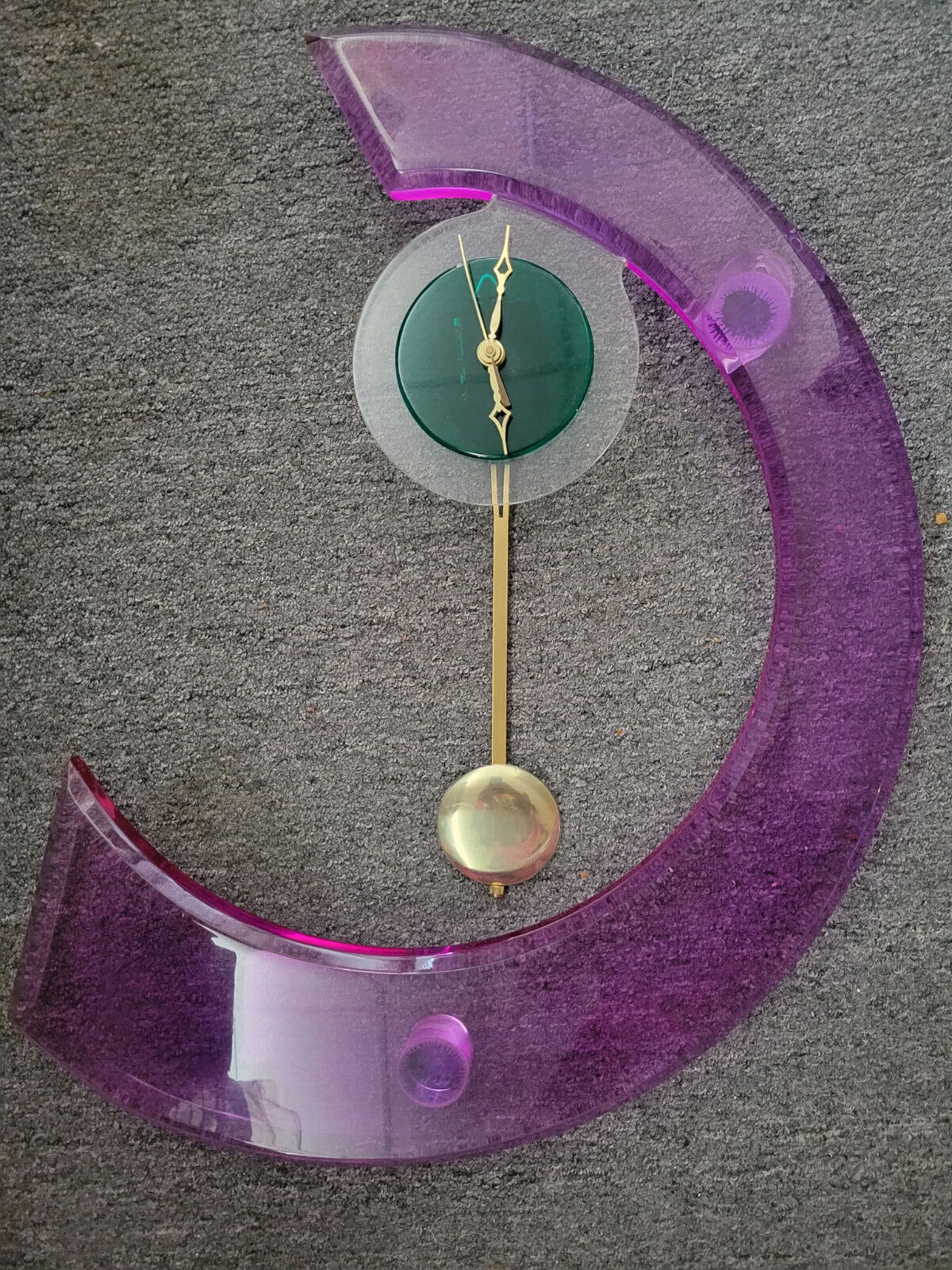 VTG Mid Century Modern C Shaped Wall Clock Pendulum Battery Operated Purple Chic