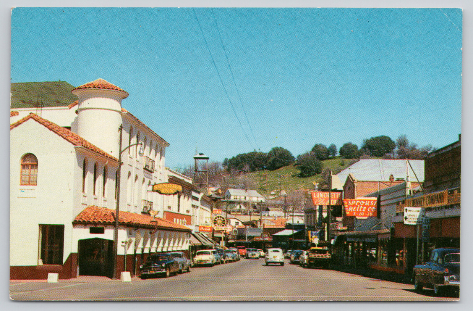 Postcard Sonora, California, Downtown Street View, Old Cars, Signs A340