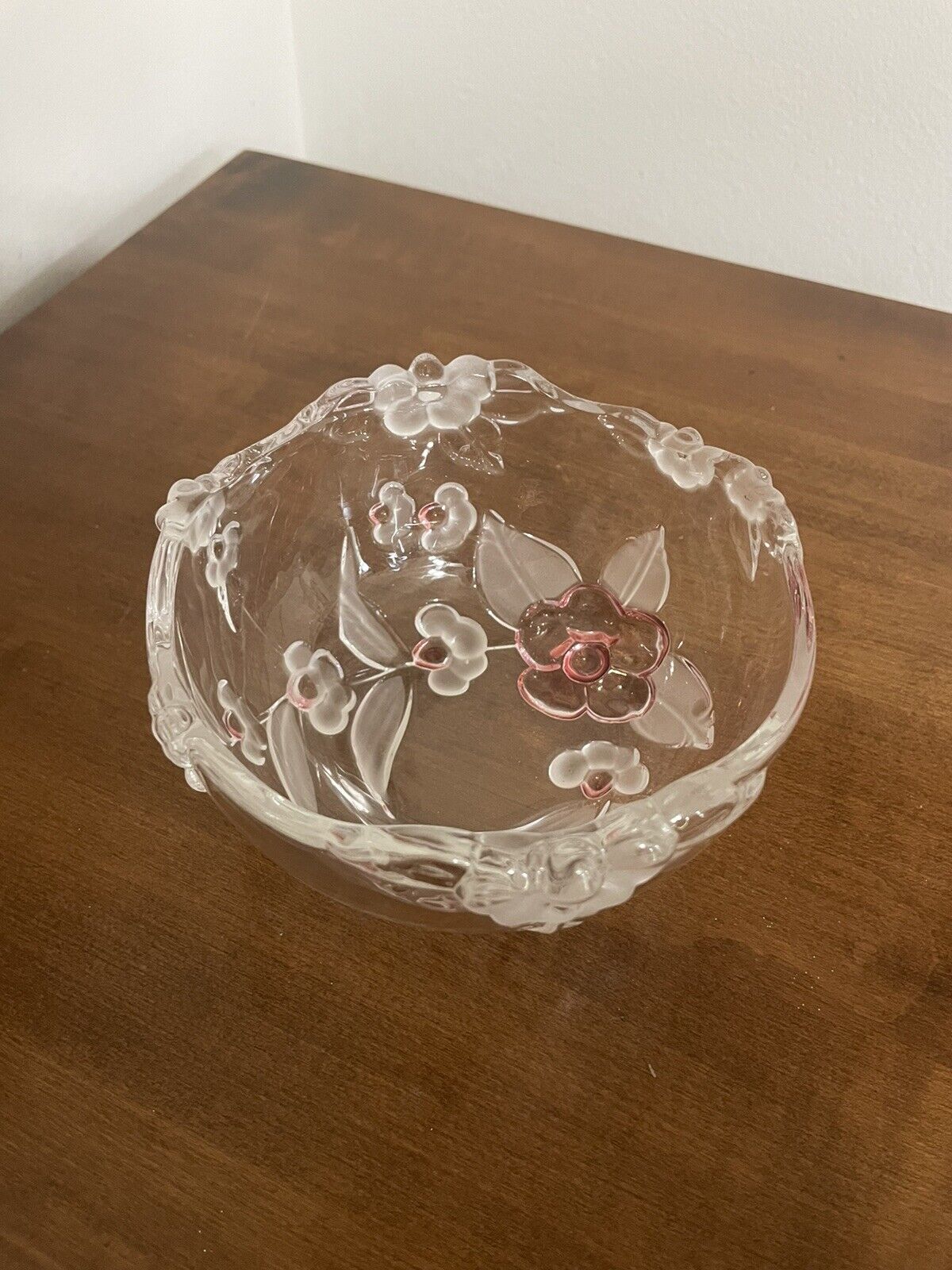 Mikasa Walther Bowl Carmen Rose Glass Pink Flower Frosted Leaves Vintage Germany