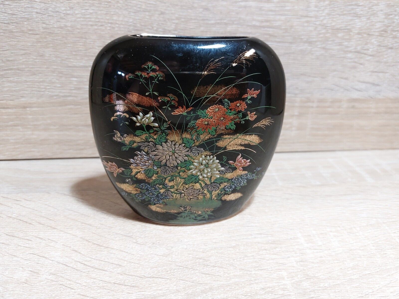 Vintage Japanese Black And 24K Gold  Narrow Oval Vase W/ Flowers