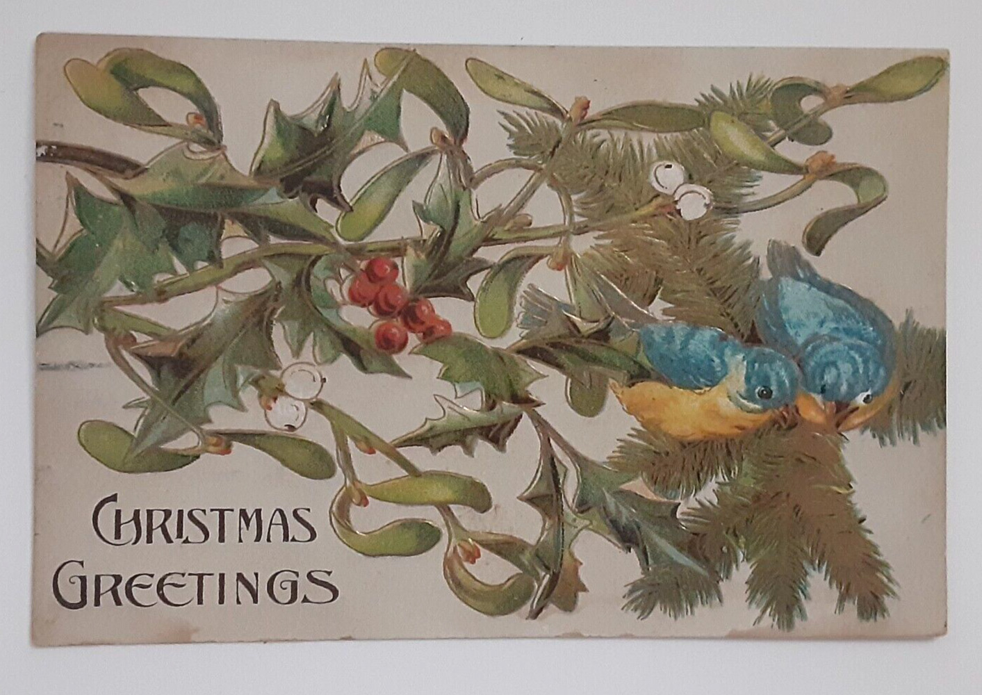 1911 Christmas Greetings Foil Embossed Postcard Antique Early Century Post Card