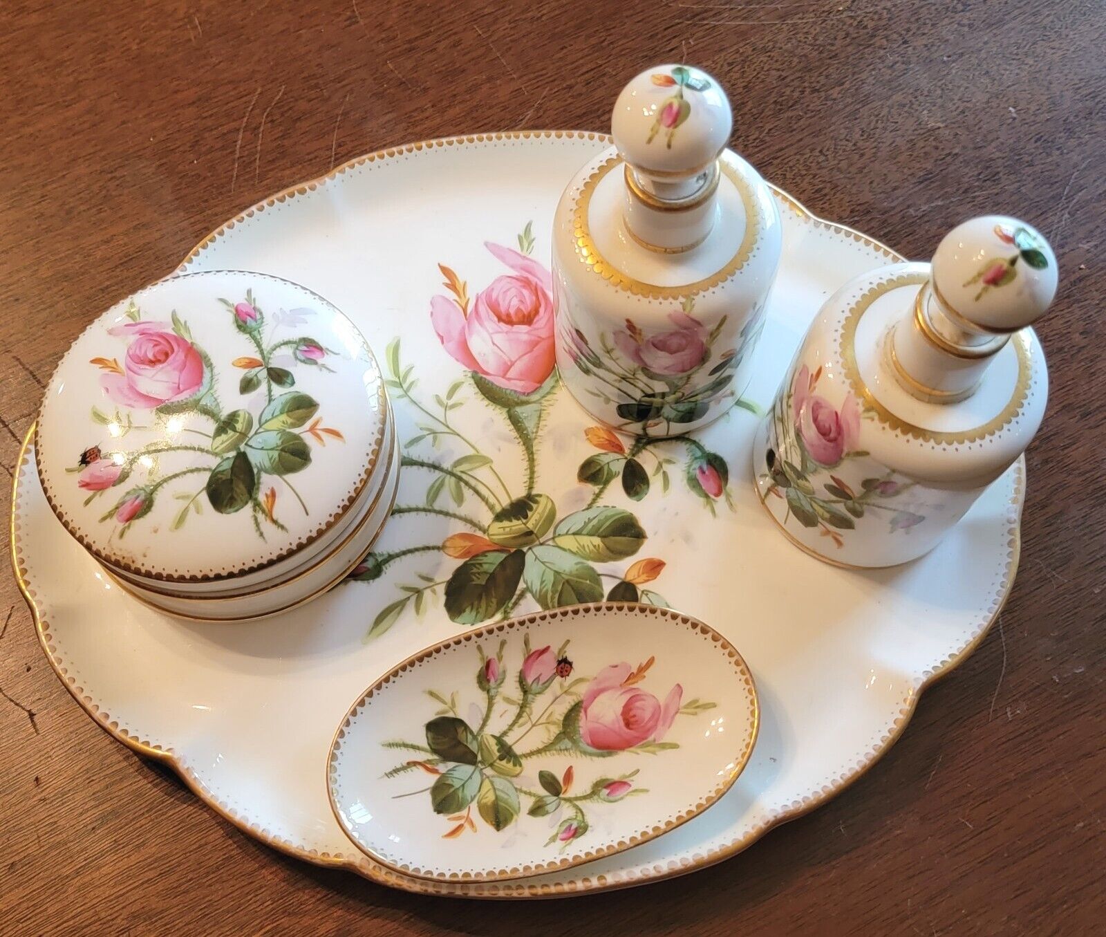 1870 RARE Antique Collingwood & Greatbatch Porcelain Dresser / Vanity Set Roses