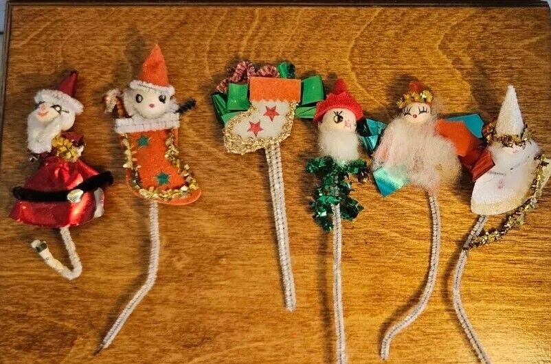 6 Vintage Christmas Tie On Ornament Spun Cotton Pipe Cleaner Elf, Angel, Santa +