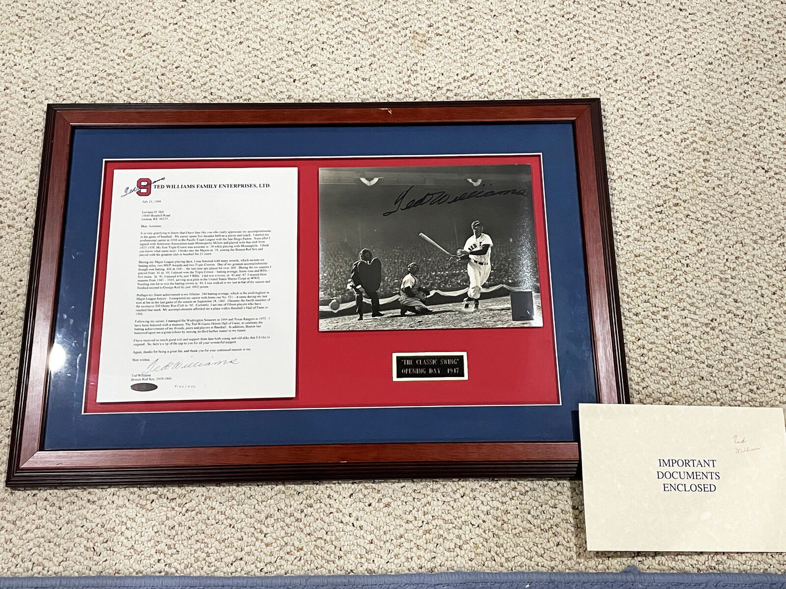 TED WILLIAMS AUTOGRAPHED PHOTO & LETTER - OPENING DAY 1947 - COA