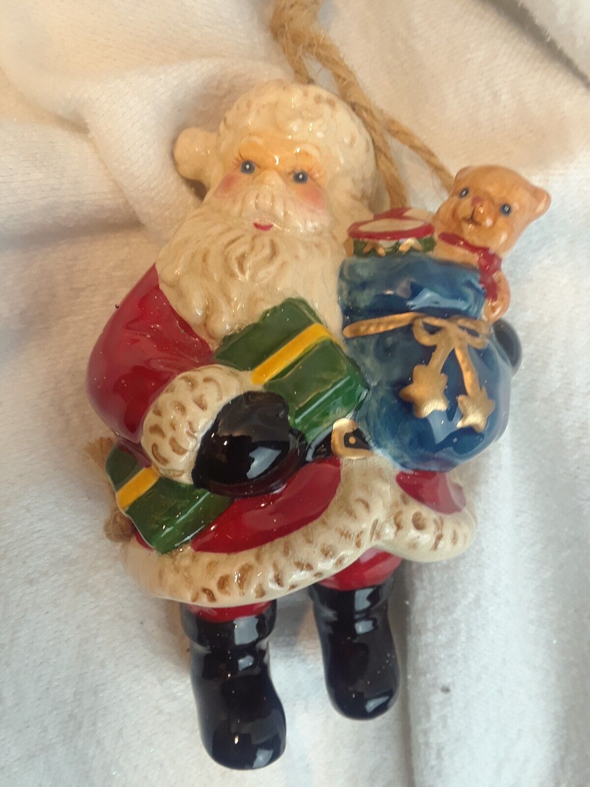 Christmas Ornament Santa arriving with bag  toys vtg swivel swinging legs d9