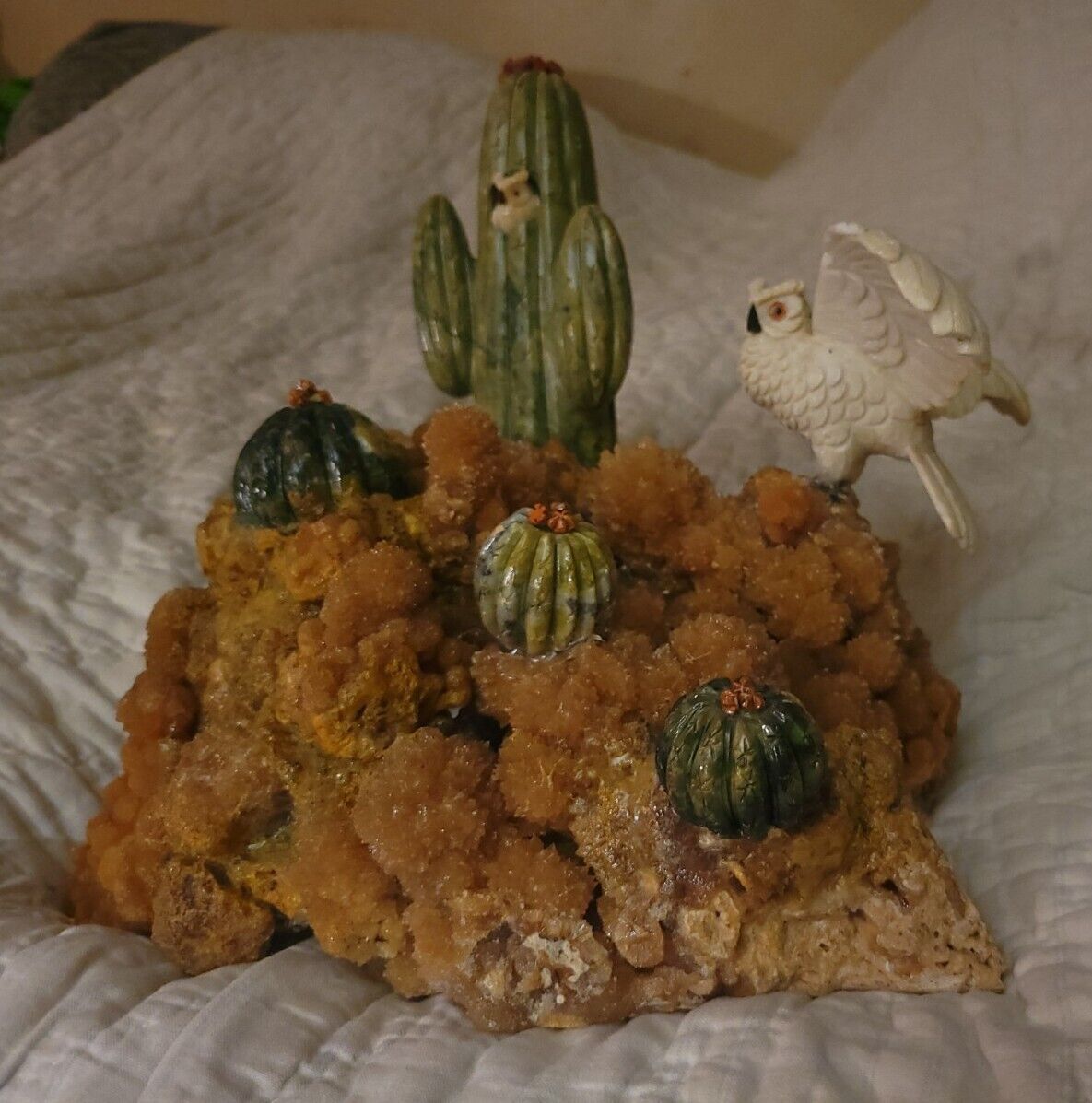 25.8lb Huge Vintage Coral,Alabaster, & Nephrite Owl & Cactus Sculpture 12x11x8in