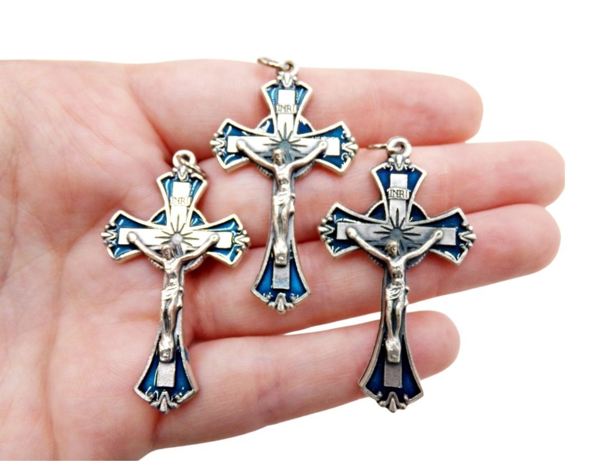 Lot of 3 Silver Toned Blue Enamel Scrollwork Cross Medal Crucifix Pendants
