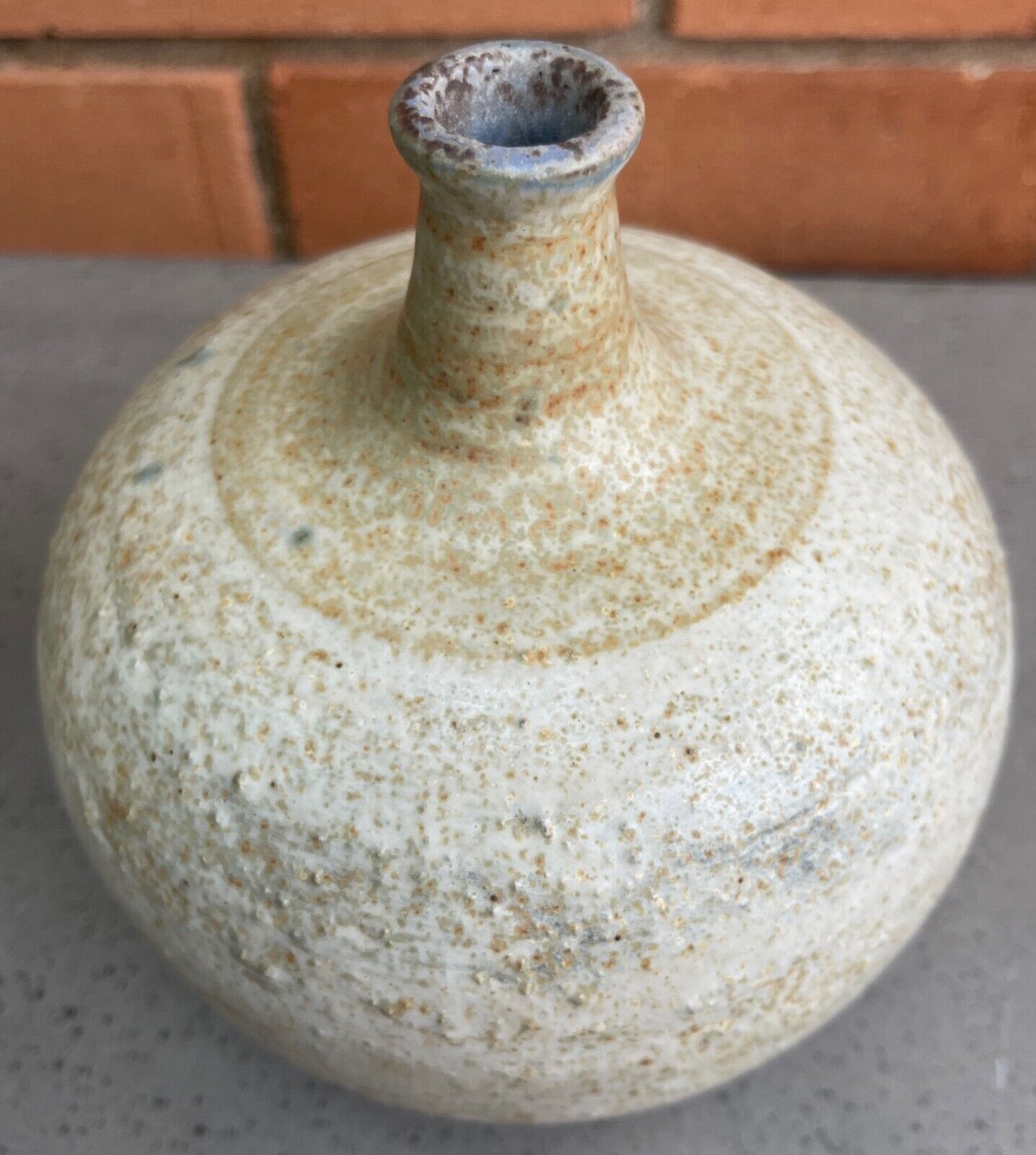 Vintage 1970s Rounded Studio Pottery Beige Spout Vase Modern Signed John Deyoe