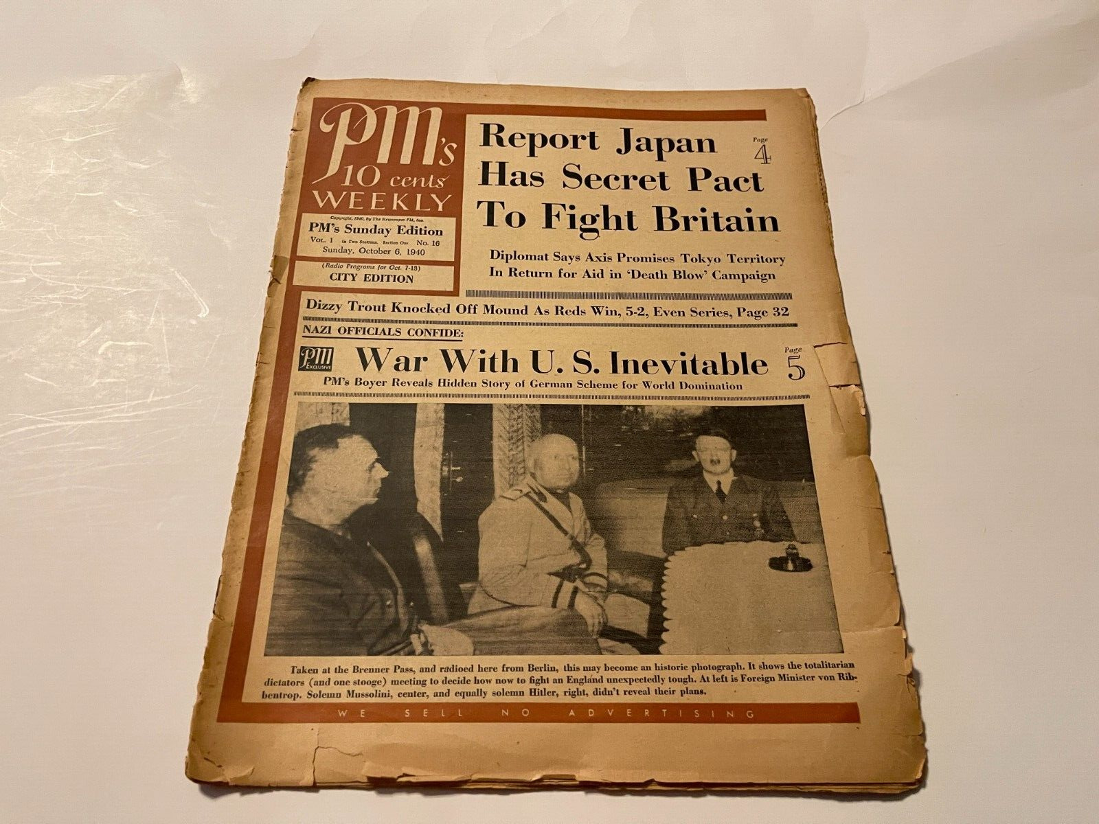 october 6 1940 pm's sunday edition newspaper-dizzy trout-japan has secret pact