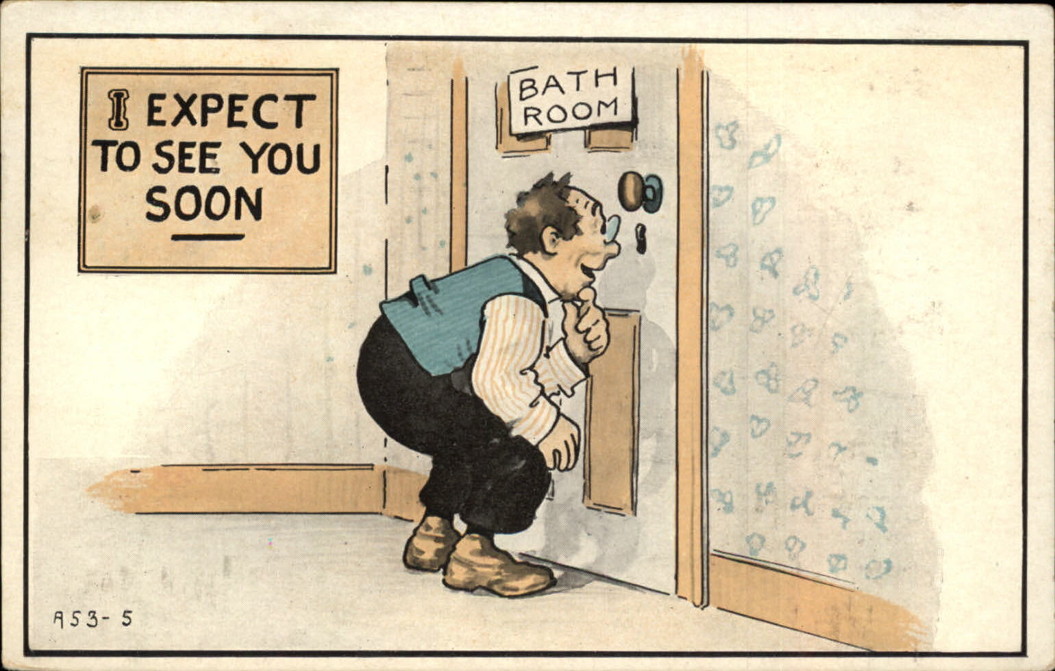 Pun comic Peeping Tom door keyhole 1913 to ELLA SLABY Traverse City MI postcard