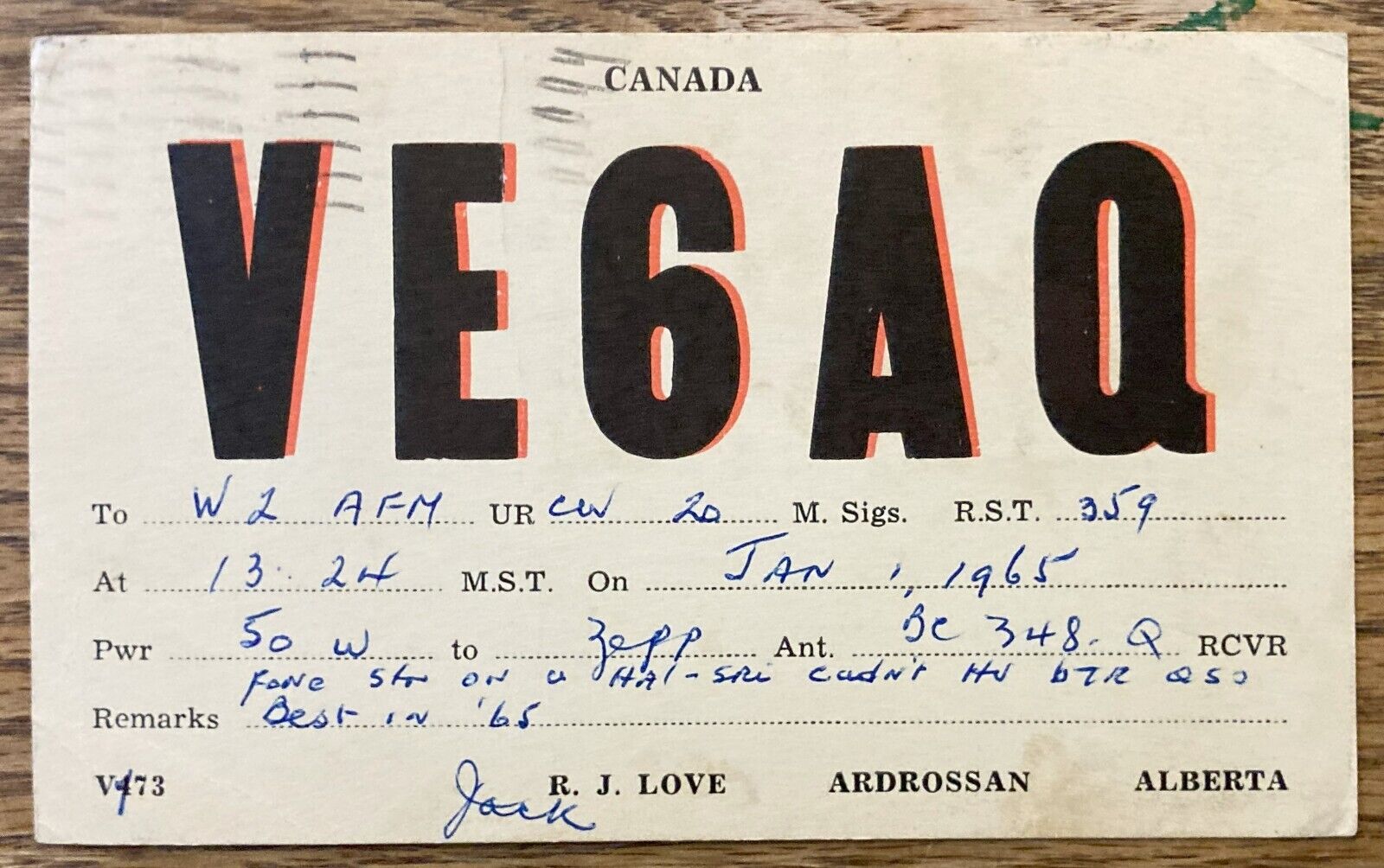 QSL Card - Alberta, Canada - Canadian Stamp - VE6AQ - 1965 - R.J. Love