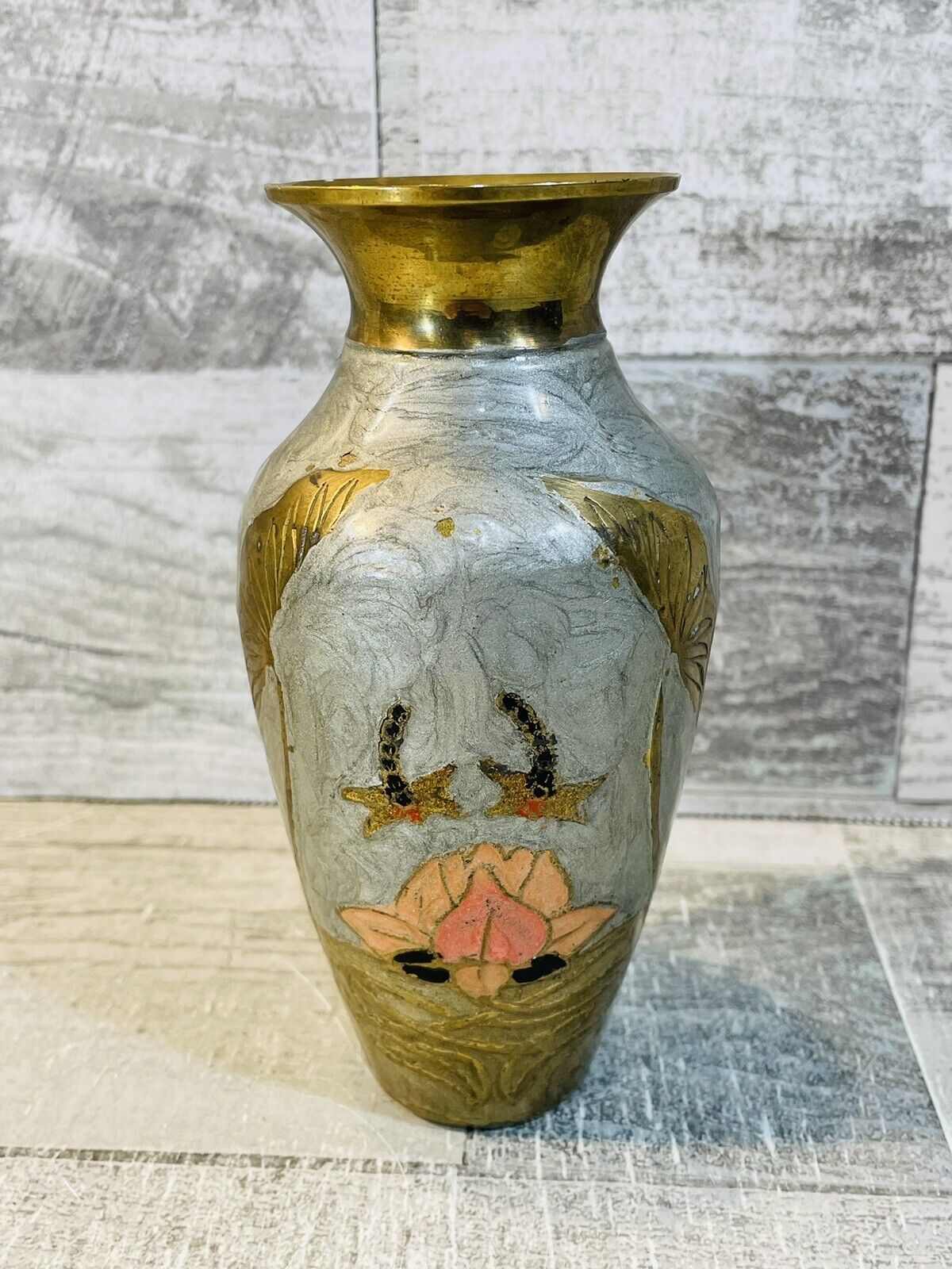 Vintage Brass Enamel Cloisonné Blossom Bud Vase Dragonflies Lilly Pads Flower 6”