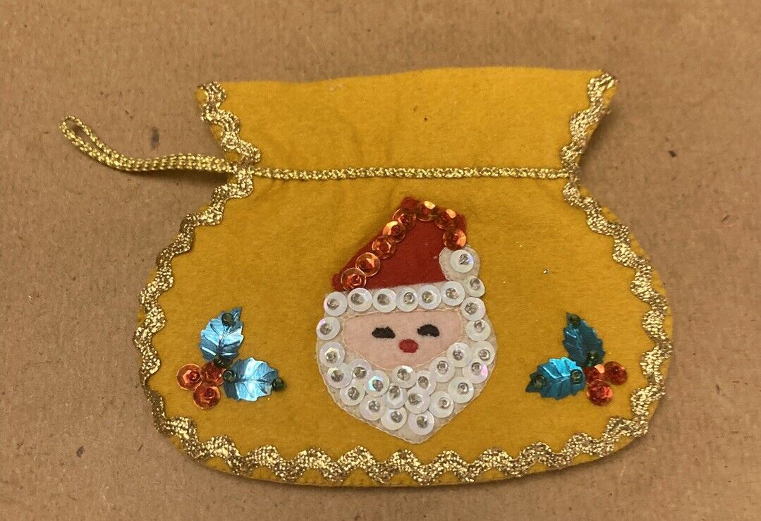 Vintage 60s Hand Made Christmas Ornamen Gift Bag Beads Sequins Santa