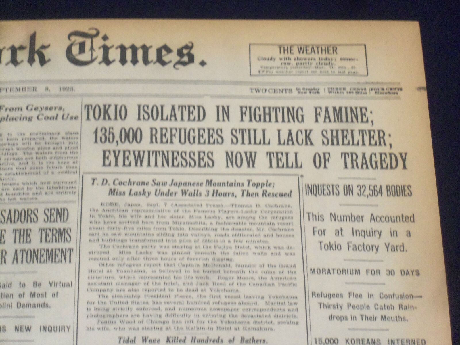 1923 SEP 8 NEW YORK TIMES - TOKIO ISOLATED IN FIGHTING FAMINE - NT 9352