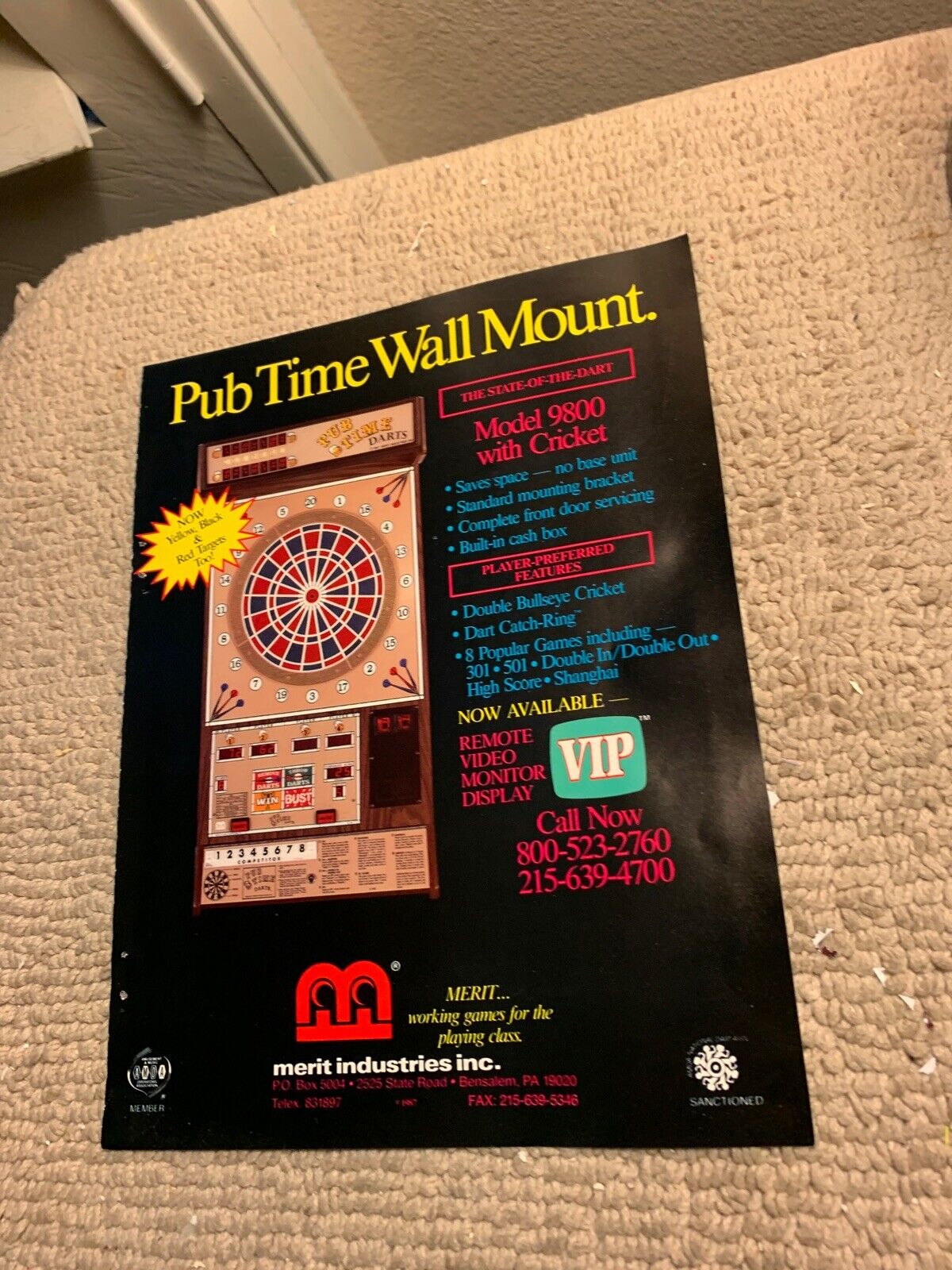 11- 8 1/4” Pub Time wall mount Dart Board Merit 1988 arcade game AD FLYER