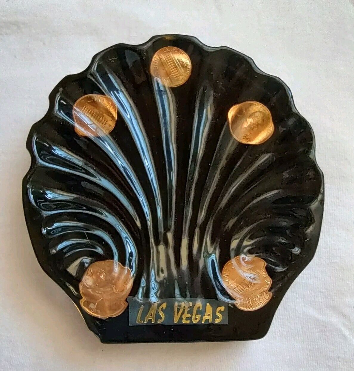 1970's Vintage Las Vegas Lucky Penny Sea Shell Shaped Trinket Dish Resin Black