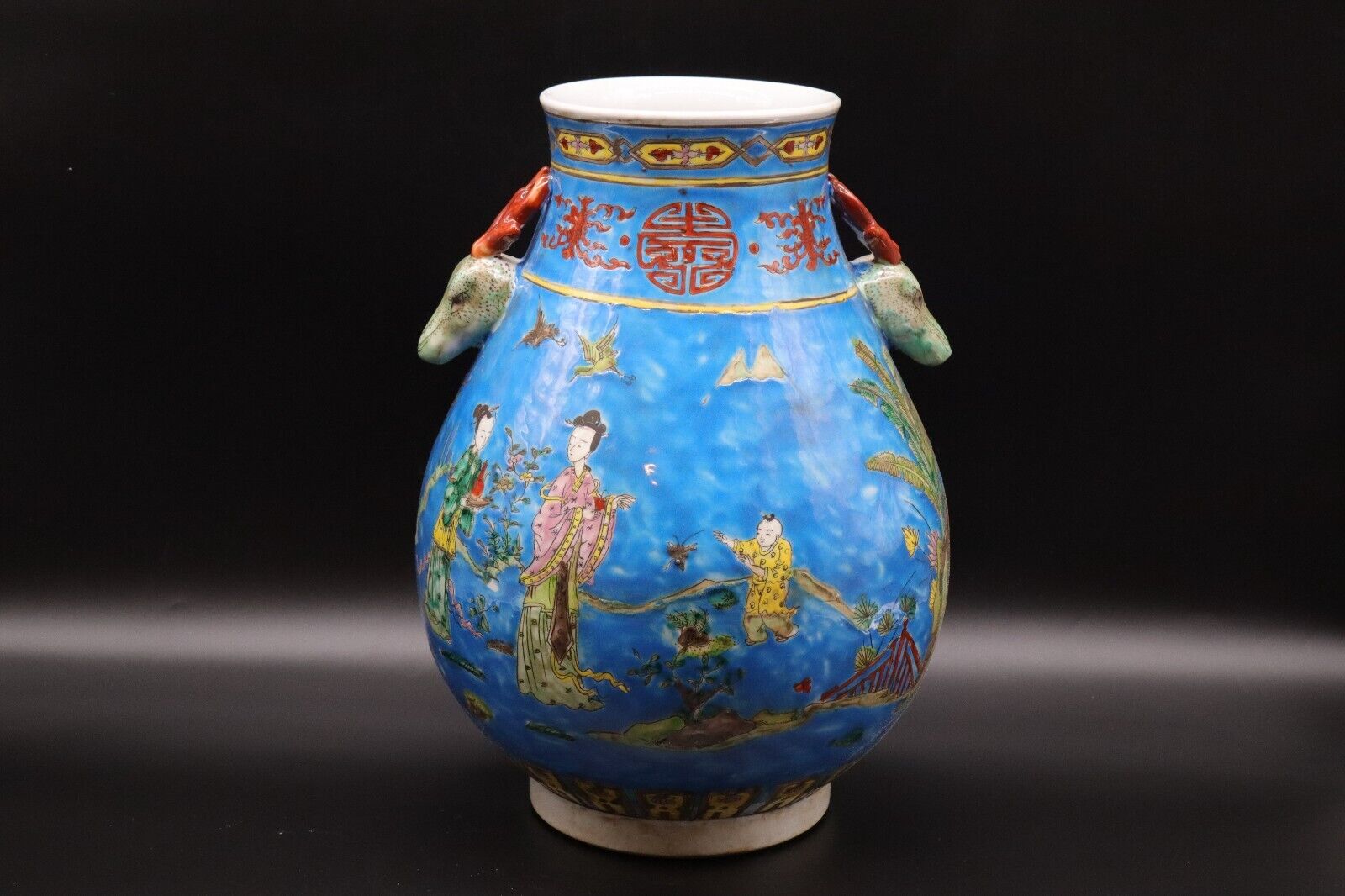 Large Chinese Antique Vintage Blue Famille Rose Porcelain Vase