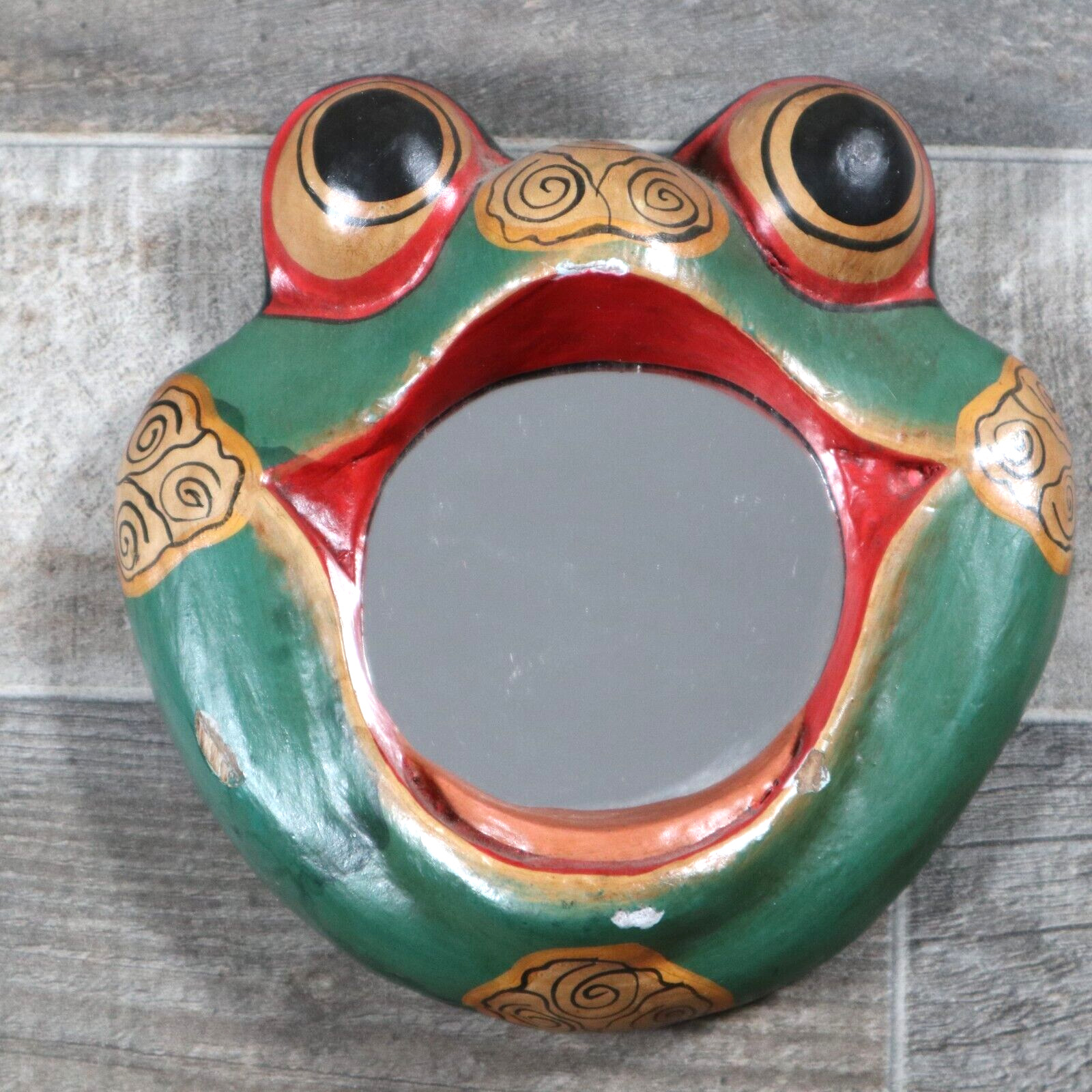 VTG Indonesian Frog Mirror Folk Art Hand Painted Carved Wooden Wall Decor Funky