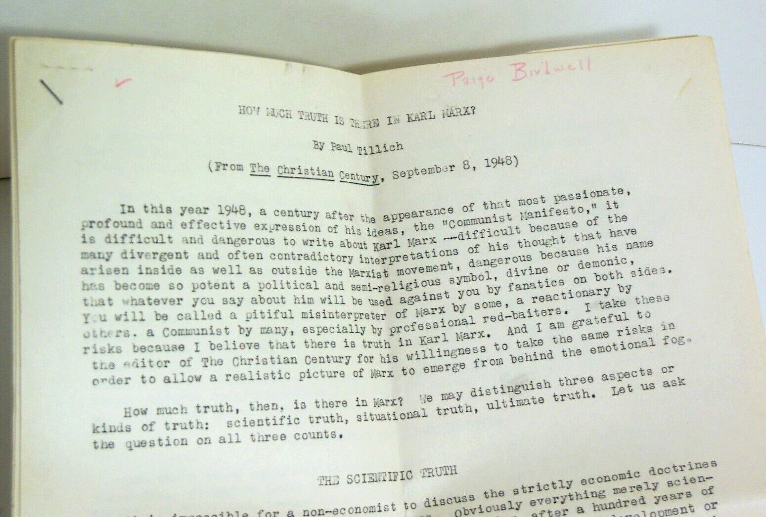 Paul Tillich 1948 Article How Much Truth Is There In Karl Marx Vtg Mimeo Pages