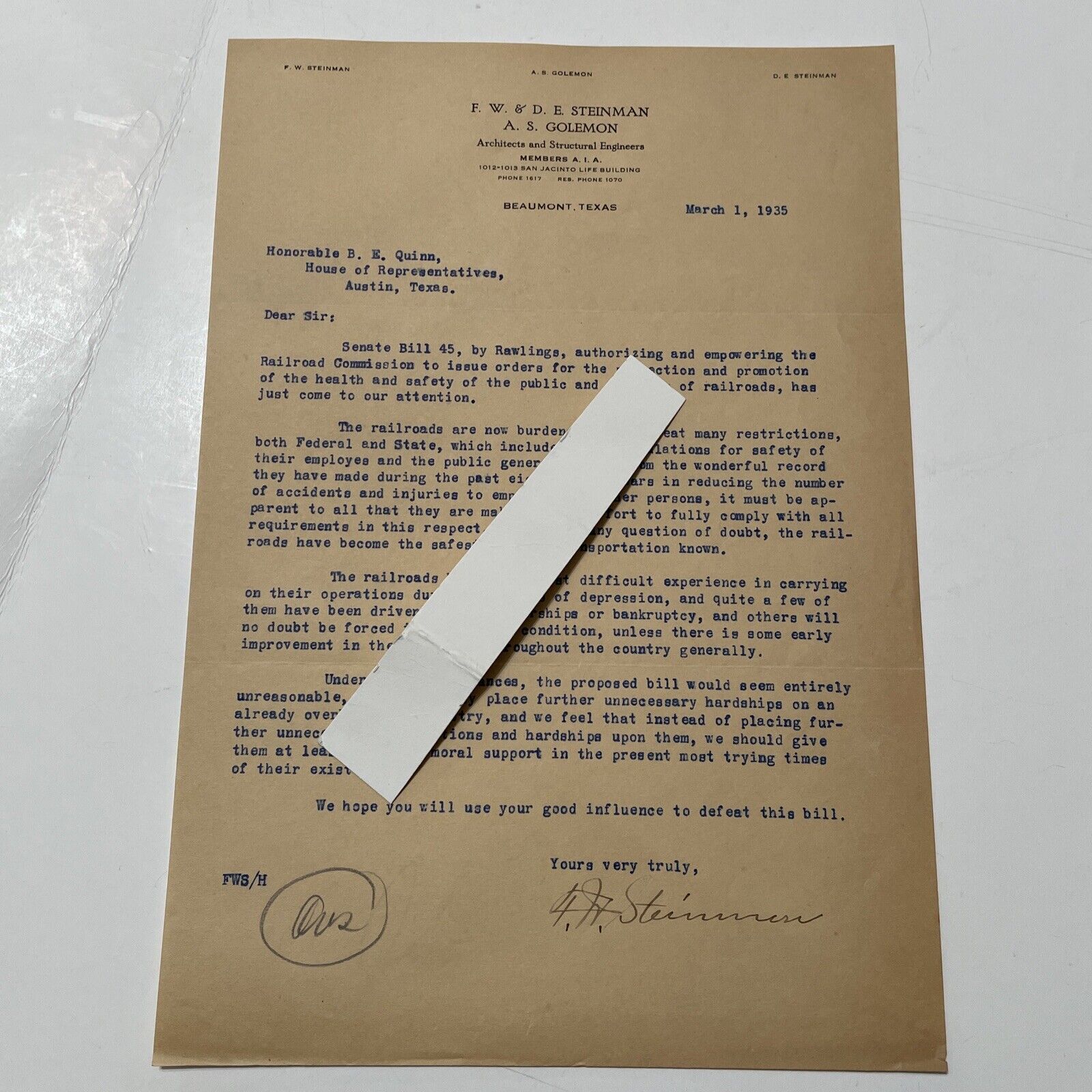 Beaumont Tx 1935 Antique Letter F. W. & D. E. Steinman Architects signed