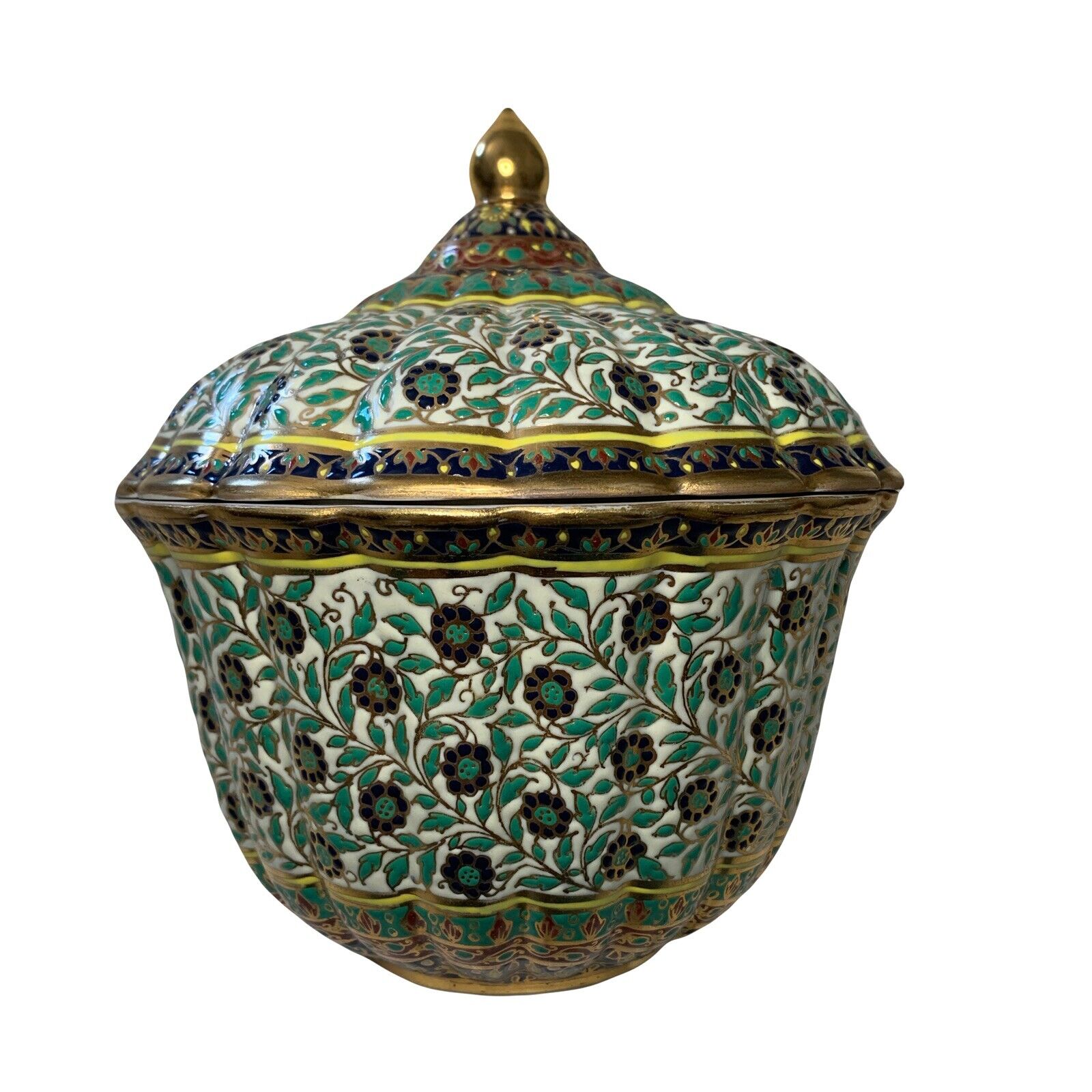 Vintage Large Thai Benjarong Hand Porcelain Jar with Lid Hand Painted Gilded