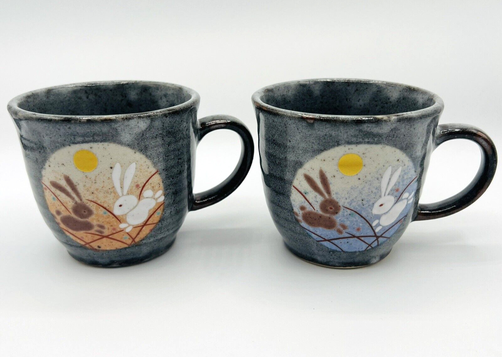 2 Pottery Tea Cups Mugs Kutani Yaki Ware Rabbits Moon Made in Japan Gift Box