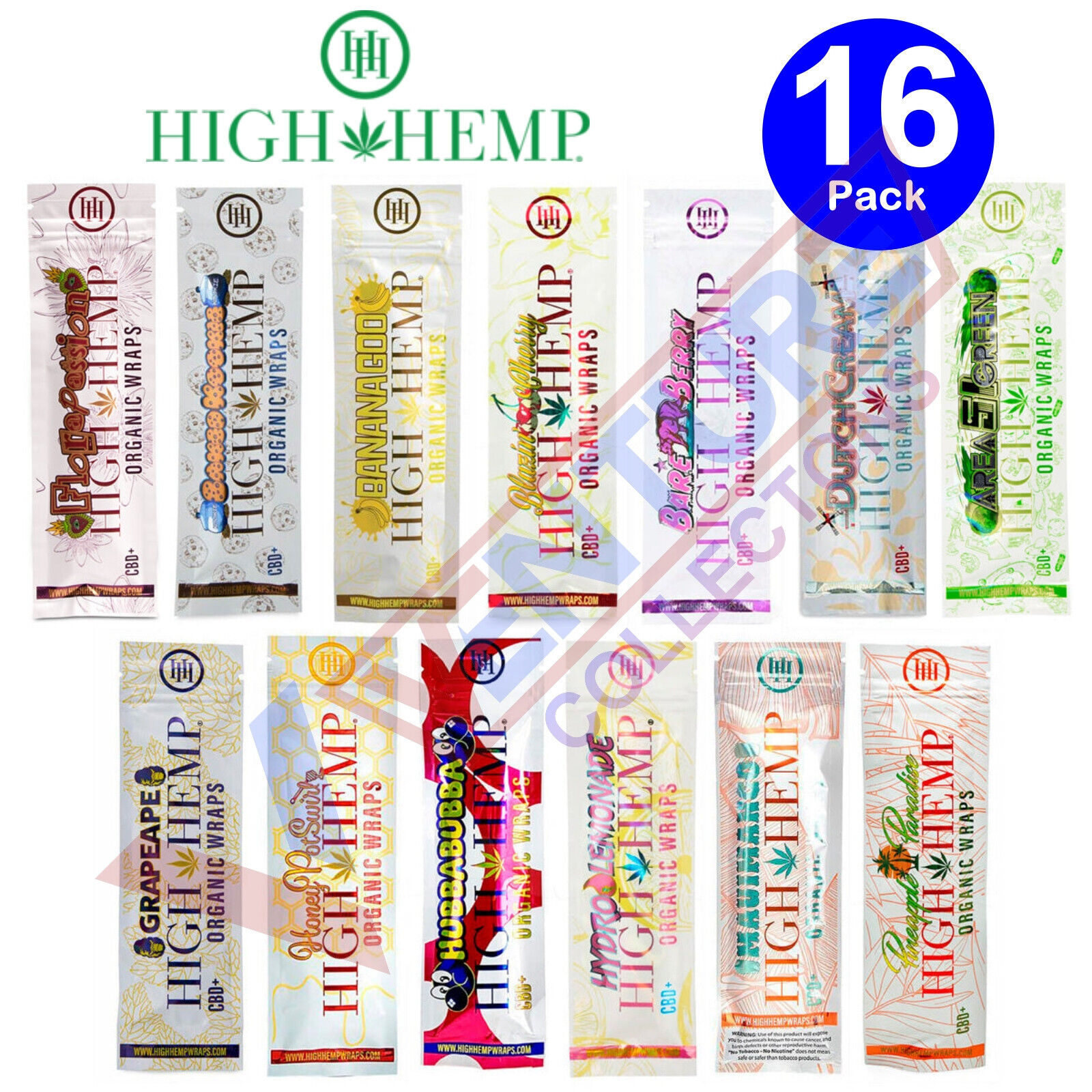 High H. Organic Wrap Rolling Paper Vegan ASSORTED FLAVOR VARIETY 16 Pouch of 2CT