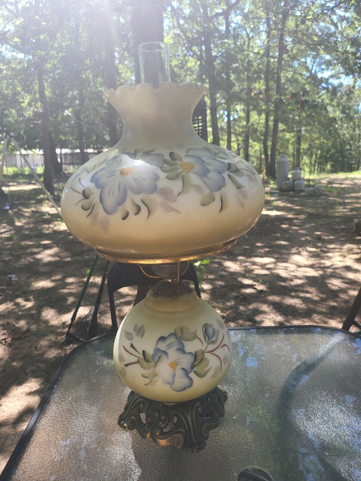 Large Vintage Gone With The Wind Green Floral Hurricane 3 Way Parlor Lamp 24 1/4